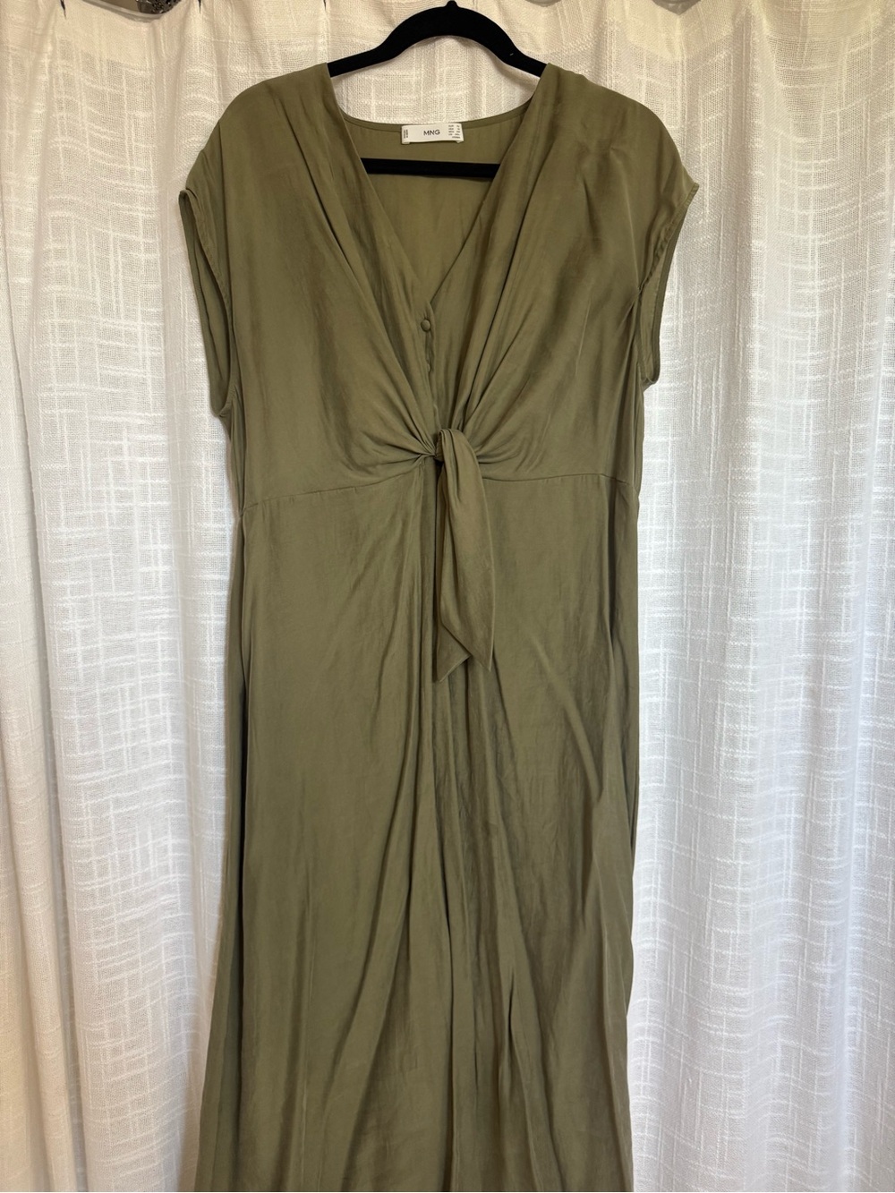 Mango Olive Green Midi Dress with Front Tie